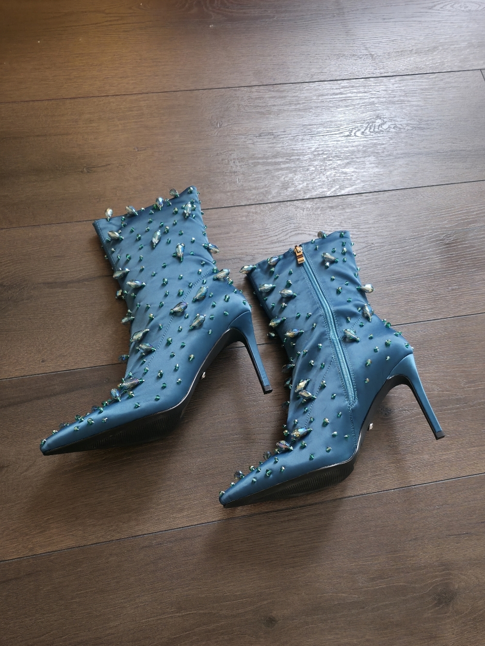 NWT Akria Teal Pointed-Toe Stiletto Booties with Green Crystal Embellishments